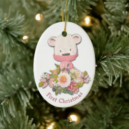 Ornamento De Cerâmica Primeiro Natal do Bebê do Urso de inverno Rosa Peq