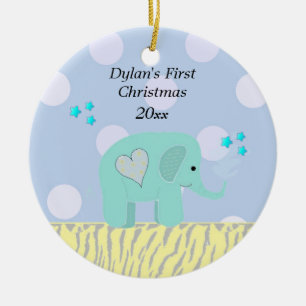 Ornamento De Cerâmica Primeiro Natal do Bebê Elefante Azul