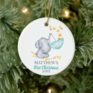 Ornamento De Cerâmica Primeiro Natal do Bebê Elefante Fofo e Estrelas