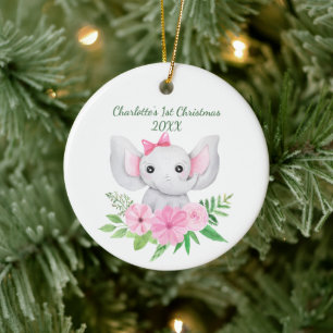 Ornamento De Cerâmica Primeiro Natal do Bebê Elefante Rosa Floral Verde
