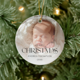 Ornamento De Cerâmica Primeiro Natal do Bebê Elegante com Dupla Foto