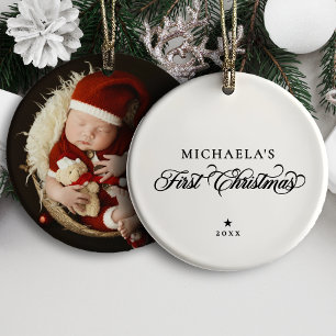 Ornamento De Cerâmica Primeiro Natal do Bebê Elegante Foto em Script