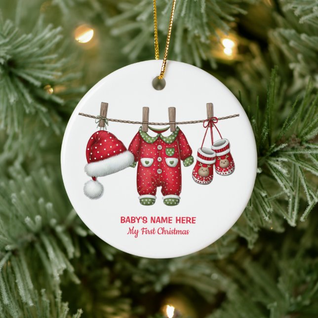 Ornamento De Cerâmica Primeiro Natal do Bebê em Aquarela Foto (Árvore)