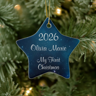 Ornamento De Cerâmica Primeiro Natal do Bebê Espaço Azul Celestial