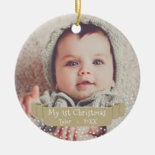 Ornamento De Cerâmica Primeiro Natal do Bebê Fita Dourada Foto