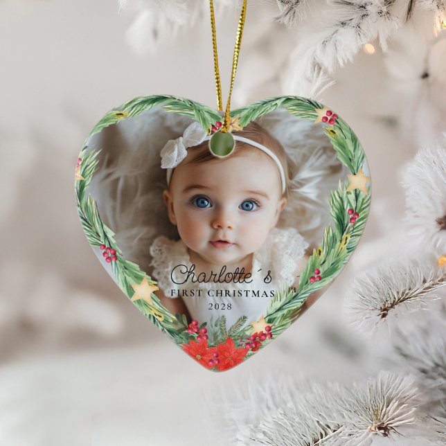 Ornamento De Cerâmica Primeiro Natal do Bebê - Foto (Baby's First Christmas – Photo - Heart - Ceramic Ornament.)