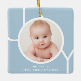 Ornamento De Cerâmica Primeiro Natal do Bebê Foto Azul