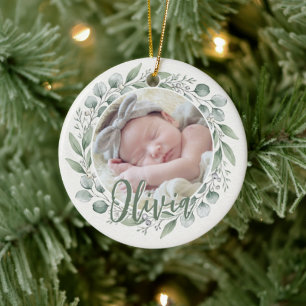 Ornamento De Cerâmica Primeiro Natal do Bebê Foto com Coroa de Eucalipto