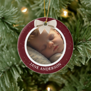 Ornamento De Cerâmica Primeiro Natal do Bebê Foto Laço Branco Vermelho