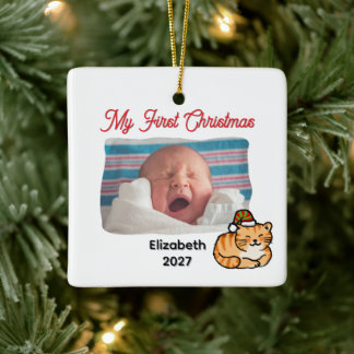 Ornamento De Cerâmica Primeiro Natal do Bebê Foto Personalizada Gato Gin