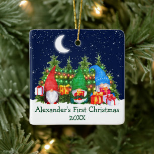 Ornamento De Cerâmica Primeiro Natal do Bebê Luzes Aquarela Gnomos Céu