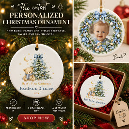 Ornamento De Cerâmica Primeiro Natal do Bebê Menino Foto Personalizada