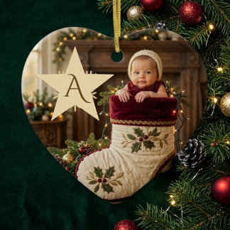 Ornamento De Cerâmica Primeiro Natal do Bebê Monograma Foto Caprichosa