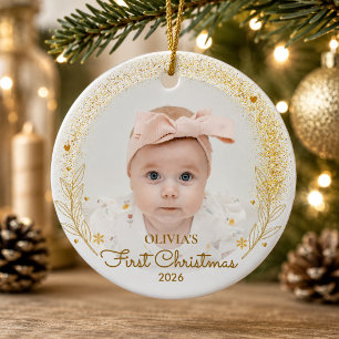 Ornamento De Cerâmica Primeiro Natal do Bebê Nome Ano Dourado
