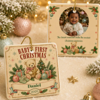 Ornamento De Cerâmica Primeiro Natal do Bebê Personalizado 2026 Retro