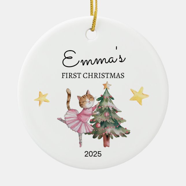 Ornamento De Cerâmica Primeiro Natal do bebê personalizado, Cat Ballerin (Frente)