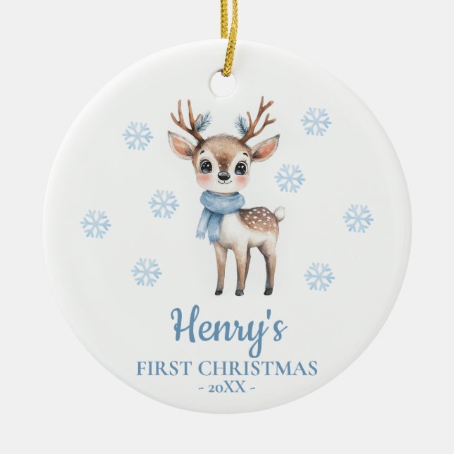 Ornamento De Cerâmica Primeiro Natal do Bebê Personalizado com Veado (Frente)