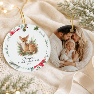 Ornamento De Cerâmica Primeiro Natal do Bebê Personalizado Fawn