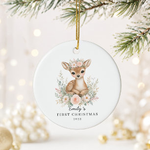 Ornamento De Cerâmica Primeiro Natal do Bebê Personalizado Fawn
