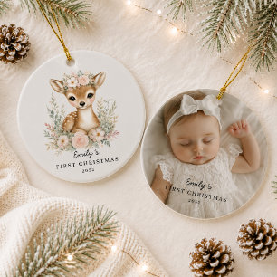 Ornamento De Cerâmica Primeiro Natal do Bebê Personalizado Foto 1 Corça 