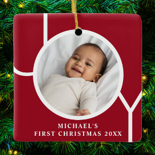 Ornamento De Cerâmica Primeiro Natal do Bebê Personalizado Foto Vermelho