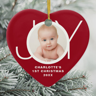 Ornamento De Cerâmica Primeiro Natal do Bebê Personalizado Foto Vermelho