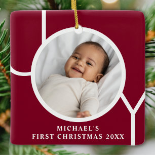 Ornamento De Cerâmica Primeiro Natal do Bebê Personalizado Foto Vermelho
