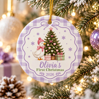 Ornamento De Cerâmica Primeiro Natal do Bebê Personalizado Ganso Roxo