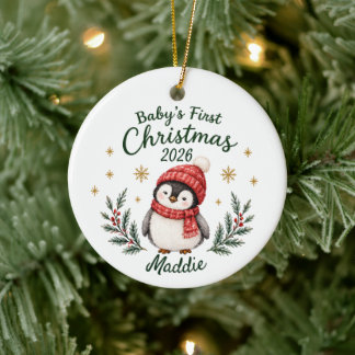 Ornamento De Cerâmica Primeiro Natal do Bebê Personalizado "Pinguim"