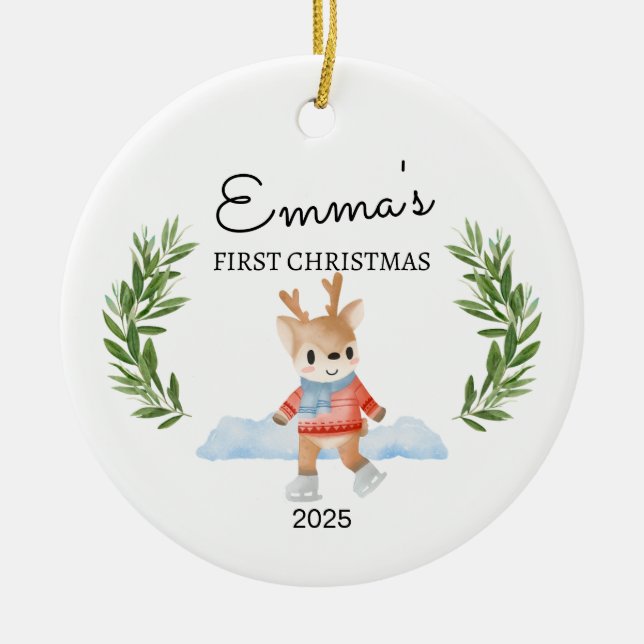 Ornamento De Cerâmica Primeiro Natal do Bebê Personalizado, Reindeer Gif (Frente)
