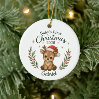 Ornamento De Cerâmica Primeiro Natal do Bebê Personalizado "Rena"