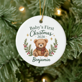 Ornamento De Cerâmica Primeiro Natal do Bebê Personalizado "Teddy"