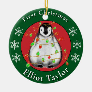 Ornamento De Cerâmica Primeiro Natal do bebê, pinguim fofo personalizado