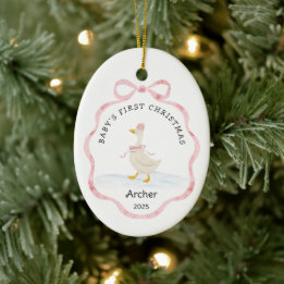Ornamento De Cerâmica Primeiro Natal do Bebê Rosa Fita Goose Aquarela