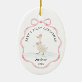 Ornamento De Cerâmica Primeiro Natal do Bebê Rosa Fita Goose Aquarela