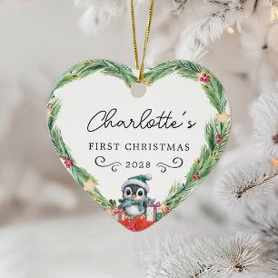 Ornamento De Cerâmica Primeiro Natal do Bebê - Rua Rústica e Pinguim