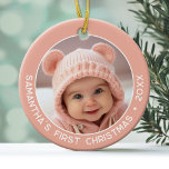 Ornamento De Cerâmica Primeiro Natal do Bebê - Simples Coral Rosa<br><div class="desc">Adicione uma foto a este adorável ornamento de feriado - perfeito para meninas. Uma simples borda cor-de-rosa claro faz um ornamento memorável para sua árvore. Uma fonte moderna mínima para o ano com um lugar para carregar uma foto quadrada.</div>