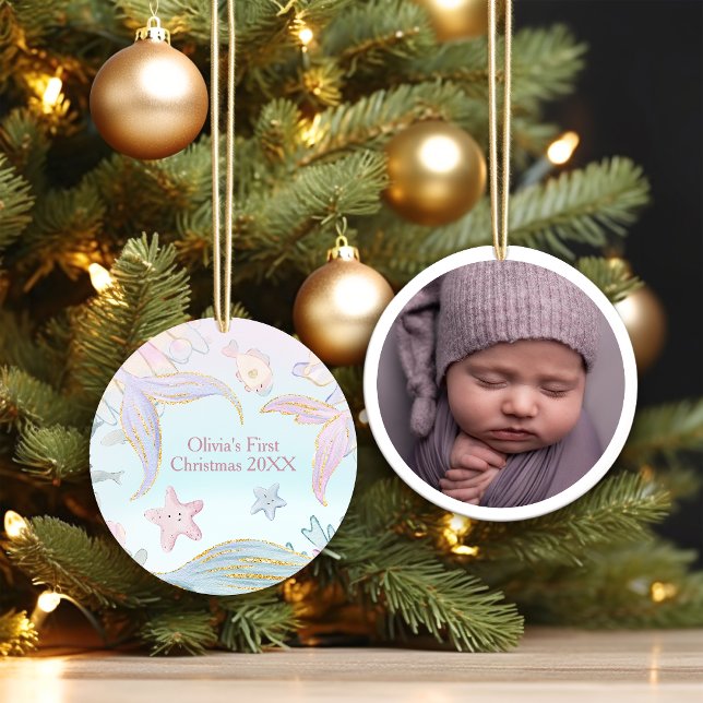 Ornamento De Cerâmica Primeiro Natal do bebê sob o mar Foto da Sereia (Criador carregado)