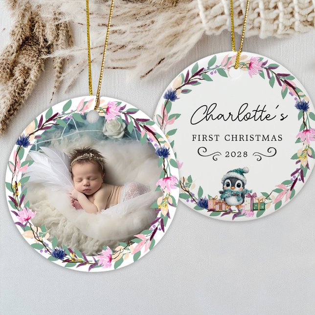 Ornamento De Cerâmica Primeiro Natal do Bebê - Terra e Foto Russas (Baby's First Christmas – Rustic Wreath & Photo Ceramic Ornament)