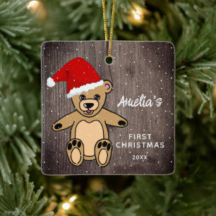 Ornamento De Cerâmica Primeiro Natal do Bebê Urso de Madeira com Chapéu