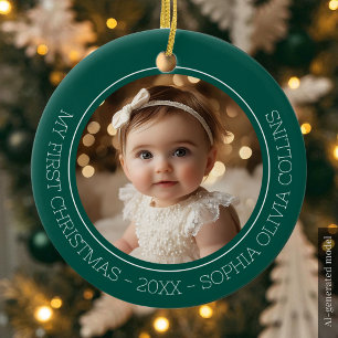 Ornamento De Cerâmica Primeiro Natal do Bebê Verde Moderno Foto Recém-Na