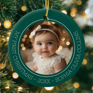 Ornamento De Cerâmica Primeiro Natal do Bebê Verde Moderno Foto Recém-Na