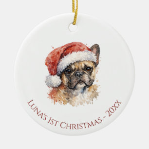 Ornamento De Cerâmica Primeiro Natal do Bulldog Francês aquarela