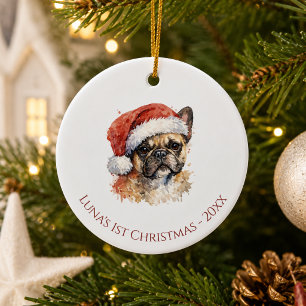 Ornamento De Cerâmica Primeiro Natal do Bulldog Francês aquarela