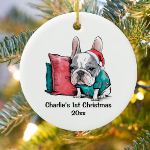 Ornamento De Cerâmica Primeiro Natal do bulldog francês com chapéu e sué