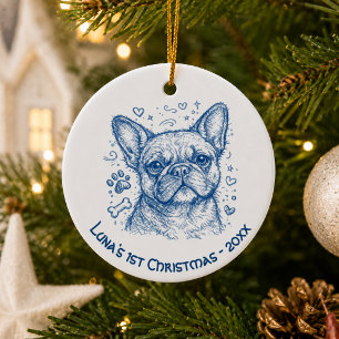 Ornamento De Cerâmica Primeiro Natal do Bulldog Francês desenho azul rab