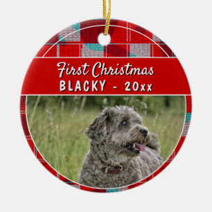 Ornamento De Cerâmica Primeiro Natal do Cachorrinho Foto em Xadrez Verme