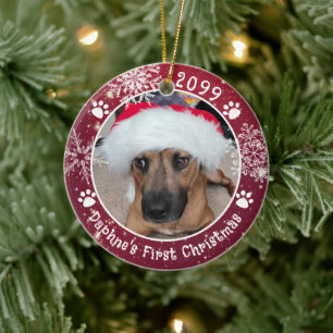 Ornamento De Cerâmica Primeiro Natal do Cachorro Flocos de Neve 2 Fotos