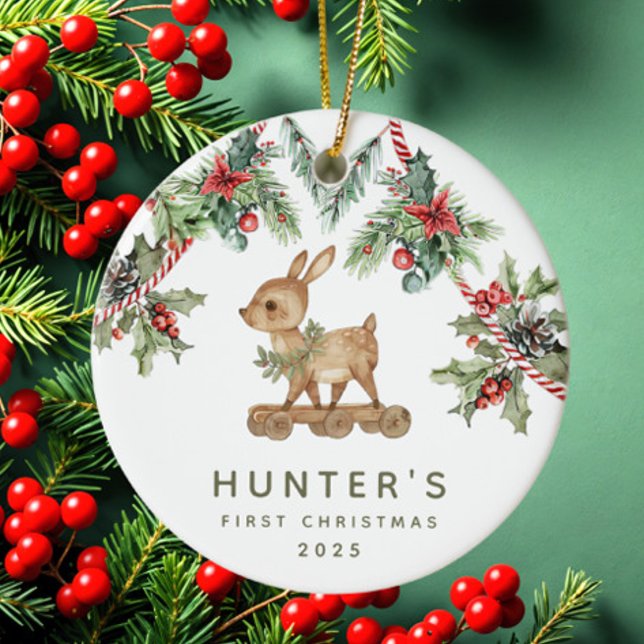 Ornamento De Cerâmica Primeiro Natal do Deer Baby (Criador carregado)