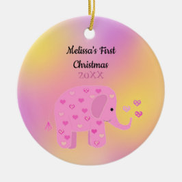 Ornamento De Cerâmica Primeiro Natal do Elefante Rosa e Amarelo Bebê